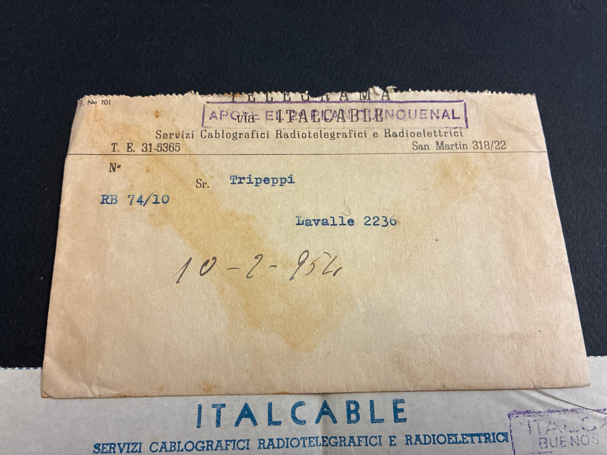 Telegramma Transatlantico Italcable (1954) Roma - Buenos Aires completo di busta originale.