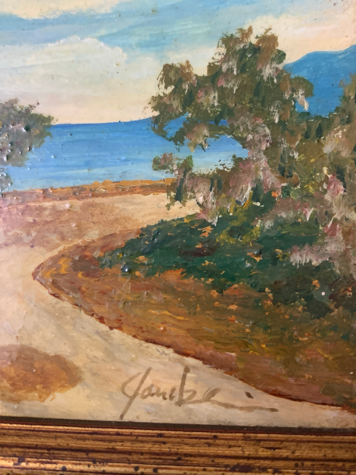 Dipinto Olio su Tavoletta - Paesaggio Costiero Mediterraneo con Donna e Asinello - Con Cornice Dorata