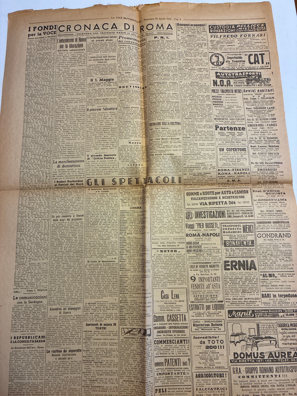 Quotidiano Originale LA VOCE REPUBBLICANA 29 Aprile 1945 Liberazione Mussolini