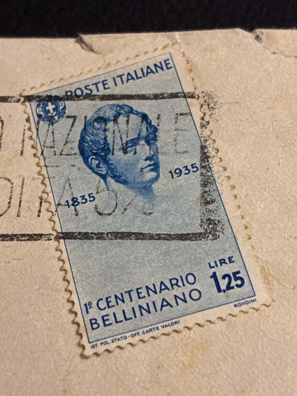 Busta 1935 spedita da Napoli a Nizza in tariffa per l'estero con francobollo commemorativo 1° centenario belliniano da lire 1,25.