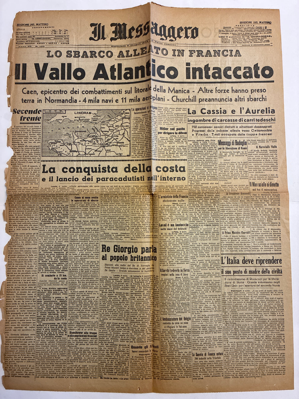 Importante Quotidiano Originale Il Messaggero 7 Giugno 1944 - Edizione Completa Roma - Lo Sbarco in Normandia