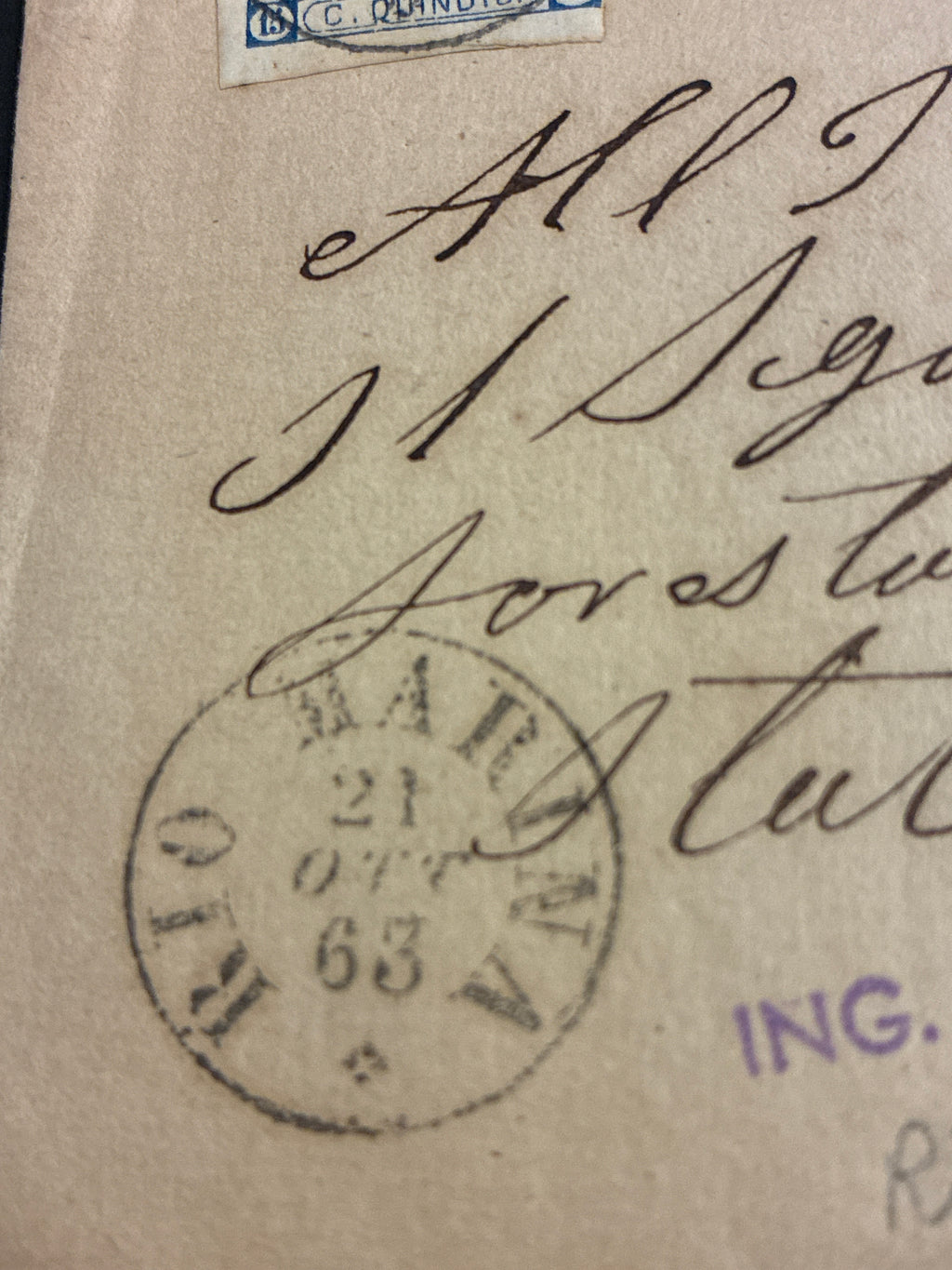 Lettera del Regno d'Italia (1863) con 15 c. del secondo tipo ex coll. Curzio Batini, da Rio Marina (Isola d'Elba) a Firenze con transito da Portoferraio