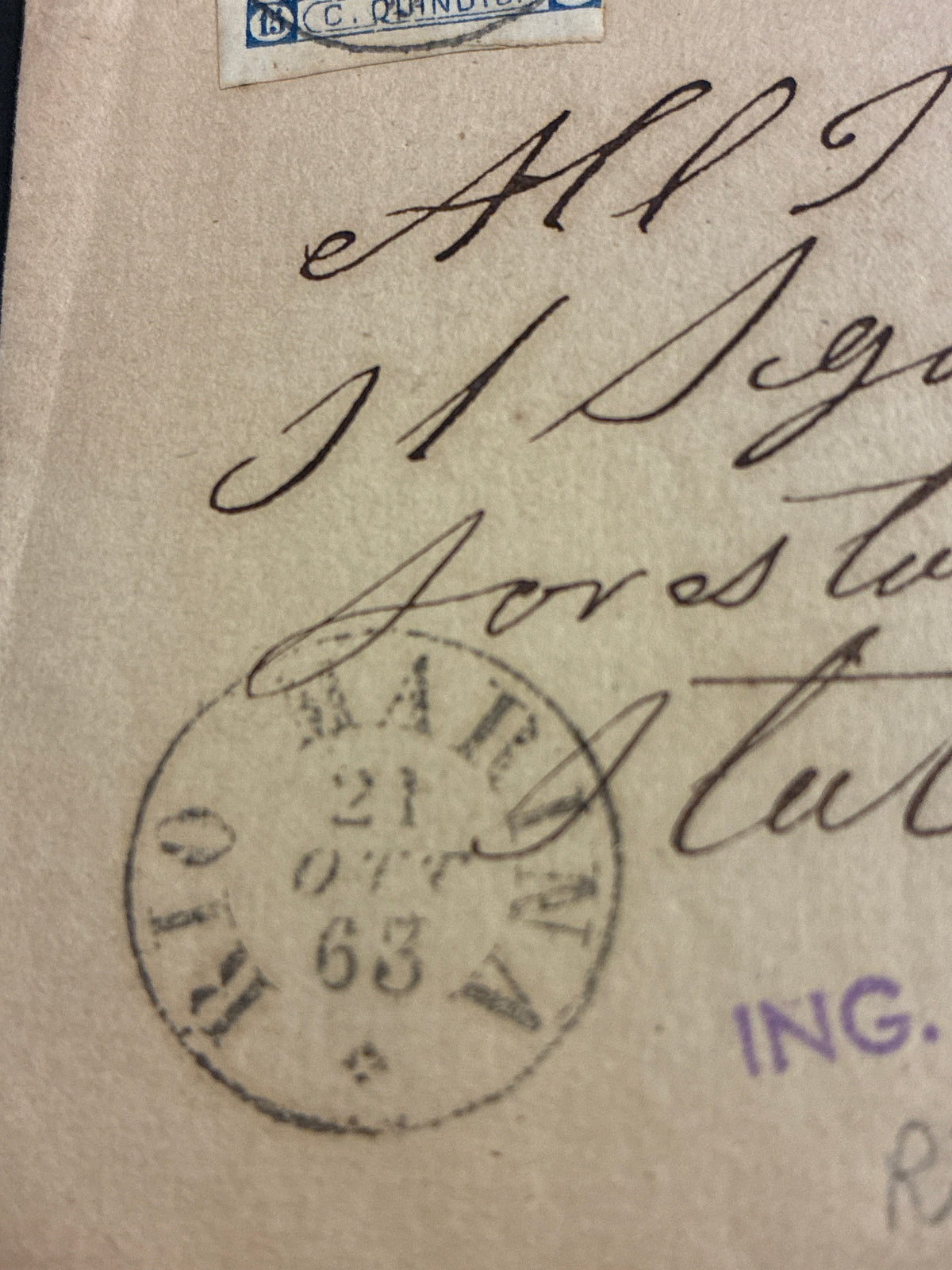 Lettera del Regno d'Italia (1863) con 15 c. del secondo tipo ex coll. Curzio Batini, da Rio Marina (Isola d'Elba) a Firenze con transito da Portoferraio