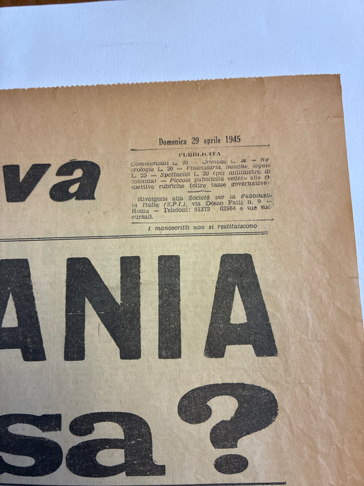 Raro Quotidiano Originale Italia Nuova 29 Aprile 1945 - Edizione Completa Roma - La Germania si è Arresa