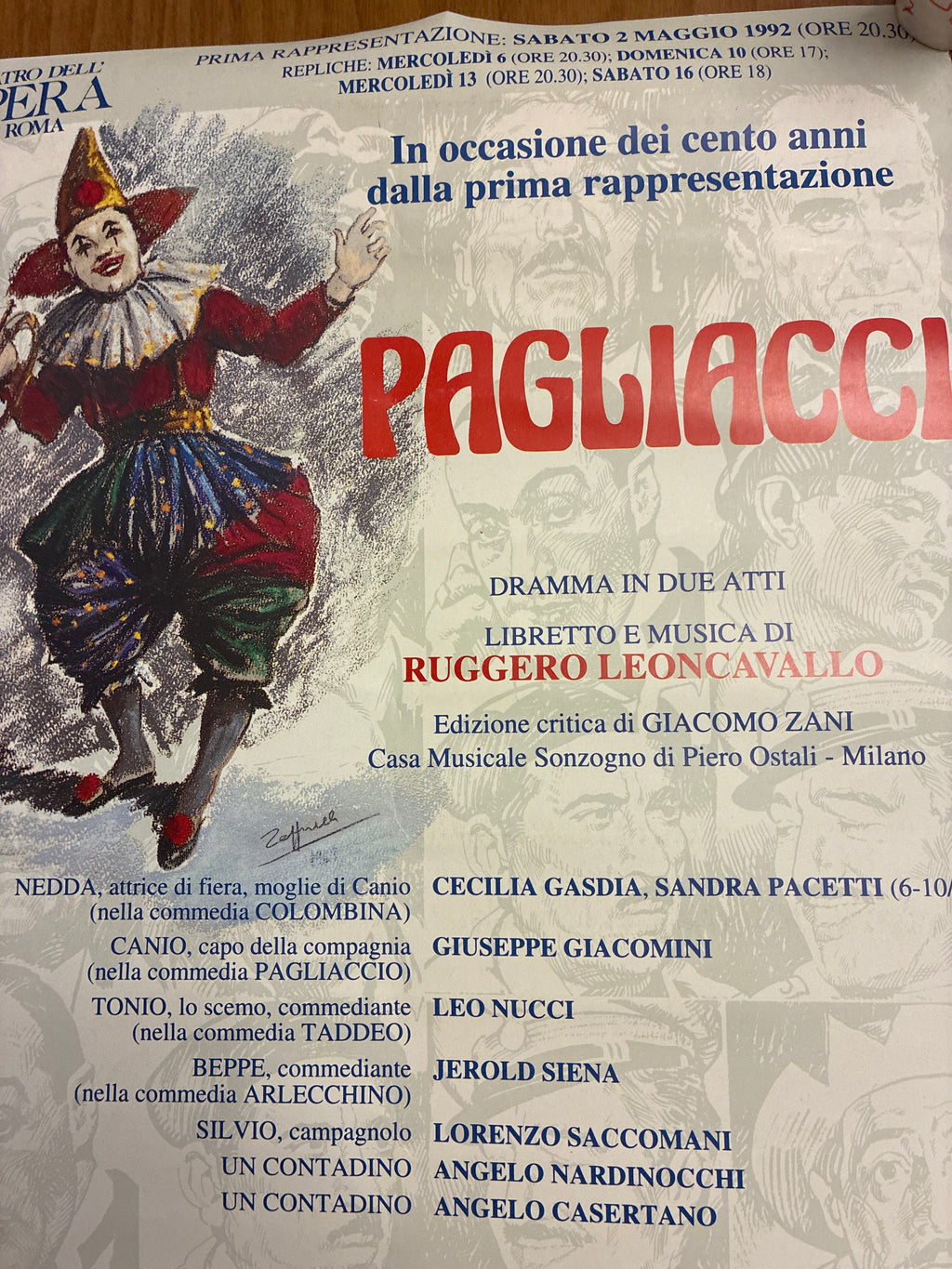 Manifesto Originale 1992 Pagliacci Teatro Opera Roma Regia Franco Zeffirelli Perfetto