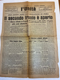 Raro Quotidiano Originale l'Unità 6 Giugno 1944 - Numero 1 Roma Libera - Sbarco in Normandia e Fine Occupazione