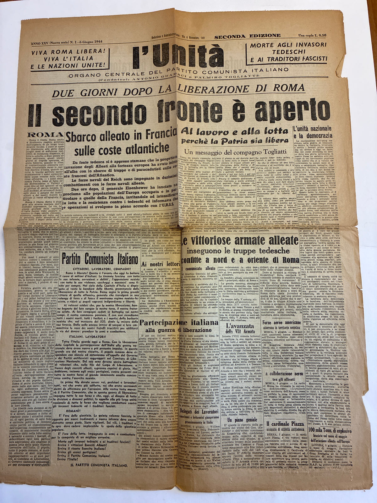 Raro Quotidiano Originale l'Unità 6 Giugno 1944 - Numero 1 Roma Libera - Sbarco in Normandia e Fine Occupazione