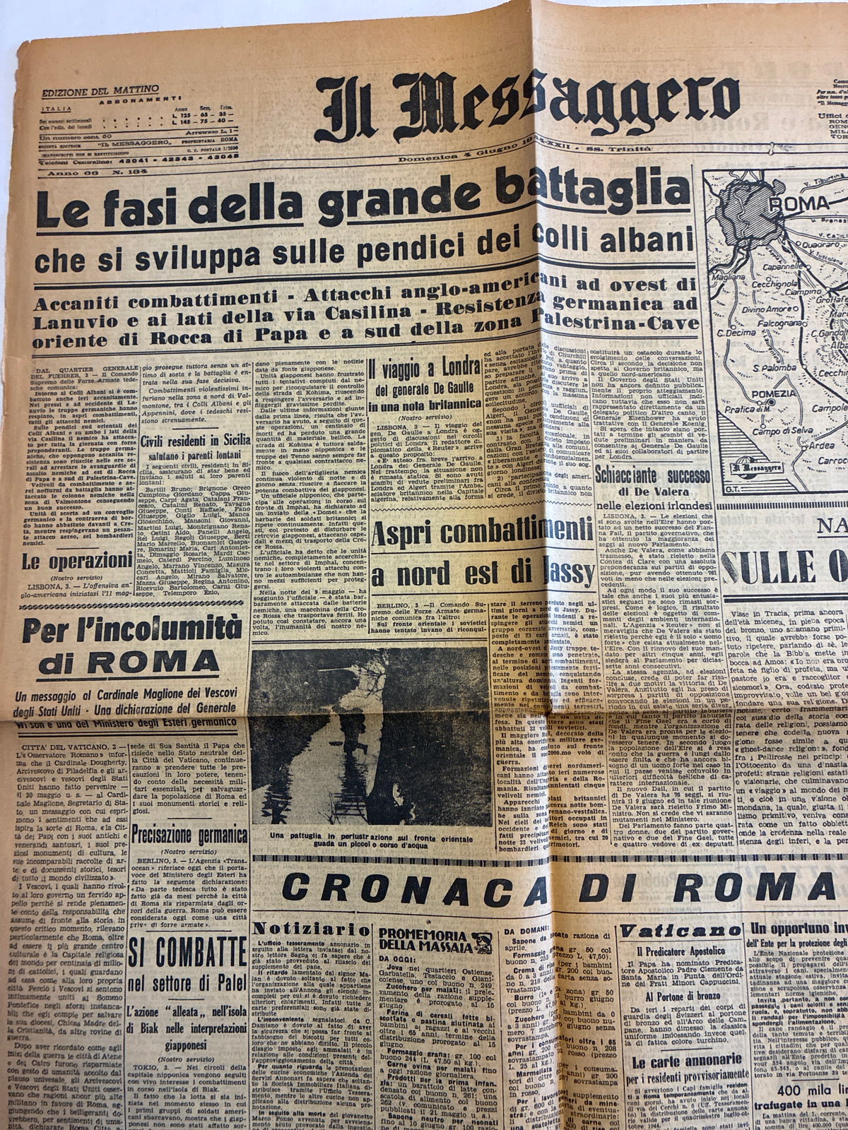 Raro Quotidiano Originale Il Messaggero Giugno 1944 - Edizione Completa Roma - Ore Prima della Liberazione