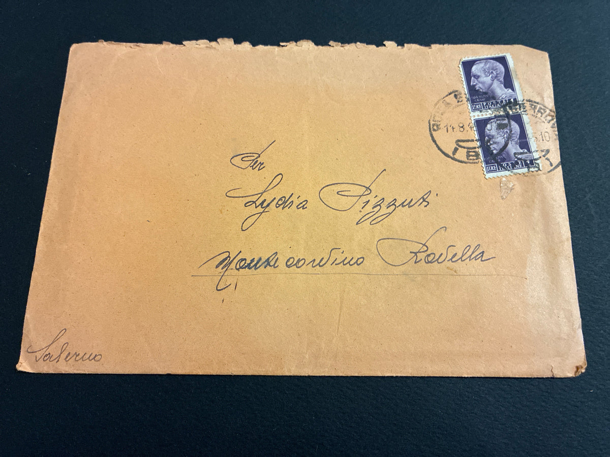 Luogotenenza: lettera ordinaria da Roma a Salerno del 17 agosto 1945 affrancata con coppia orizzontale di francobolli della serie Imperiale da 1 Lira violetto in esatta tariffa d'epoca