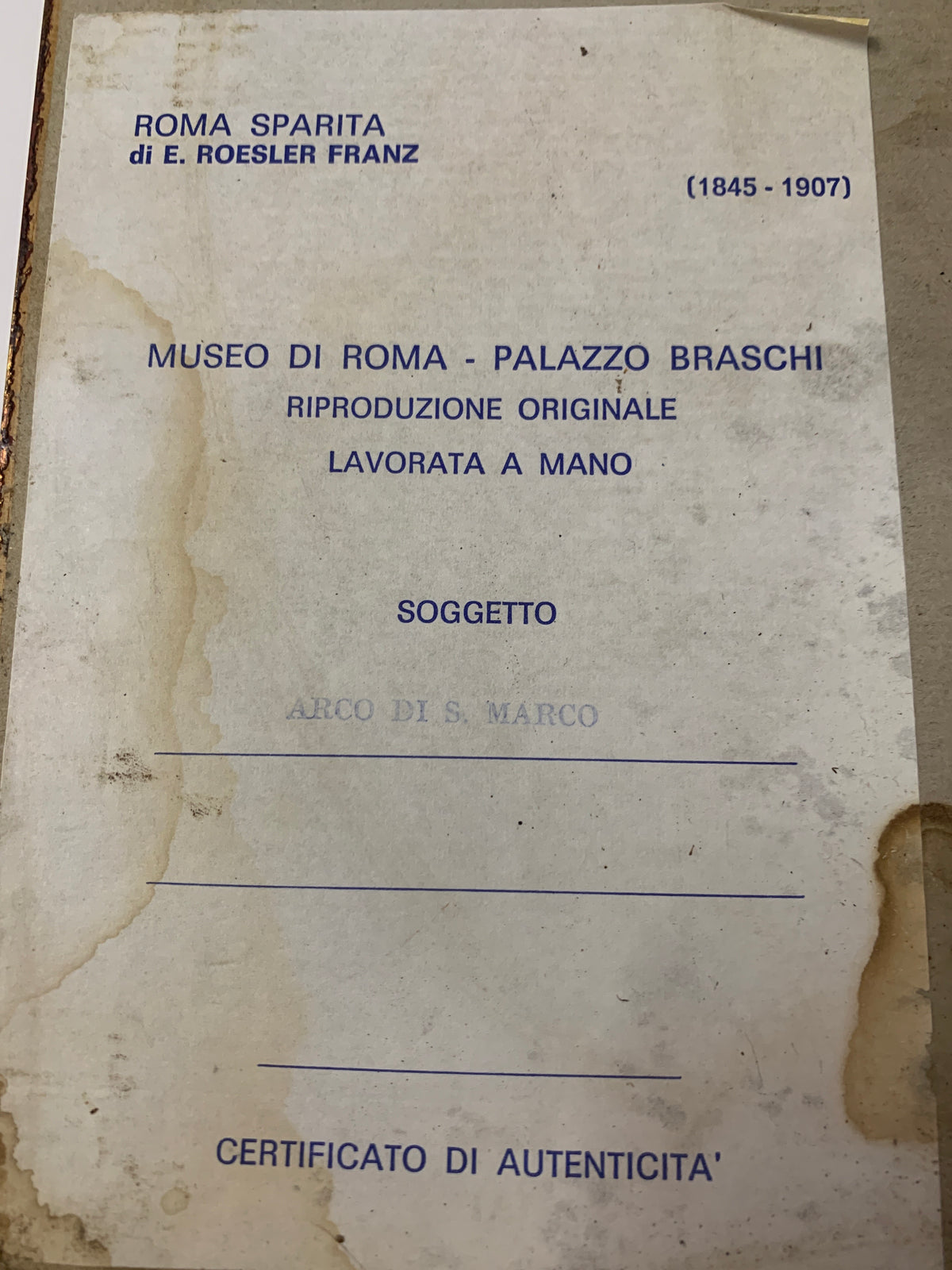 Quadro Roma Sparita Ettore Roesler Franz "Arco di S. Marco" con Cornice Dorata Vintage