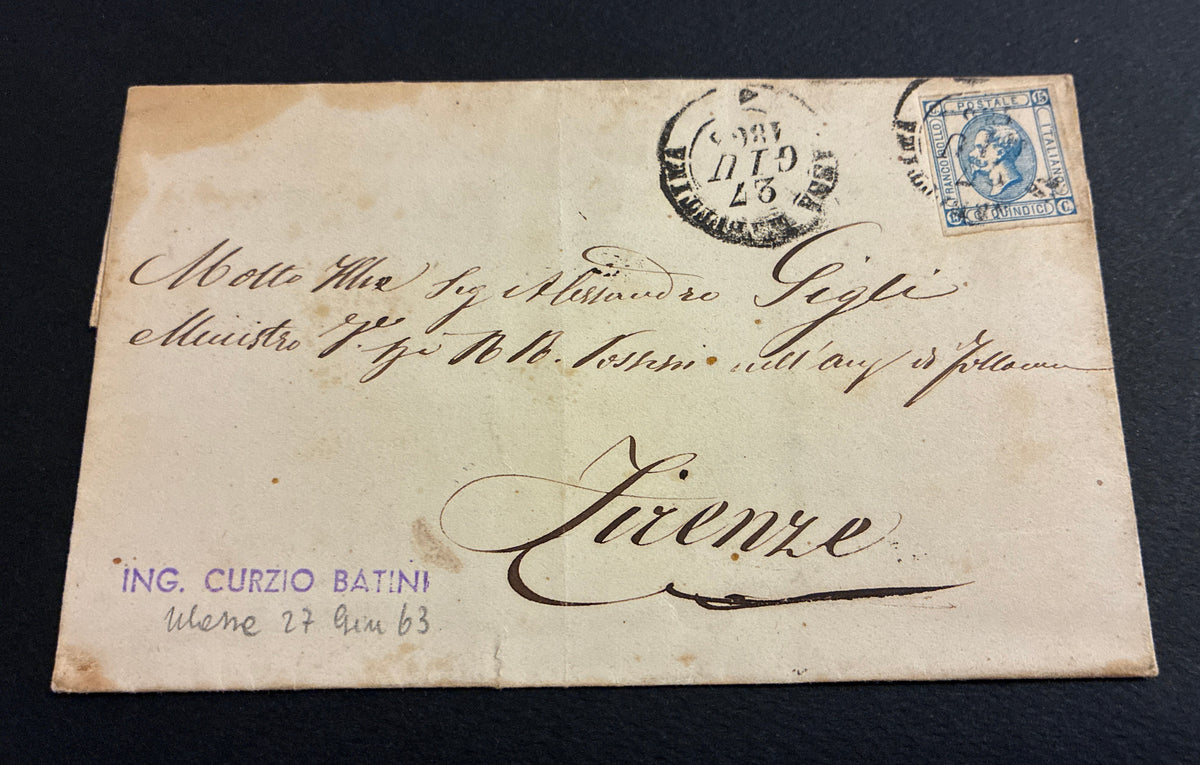 Lettera 1863 con 15 Centesimi Azzurro Primo Tipo "Matraire" in periodo d'uso ordinario dall'Archivio e Collezione dell'Ing. Curzio Batini