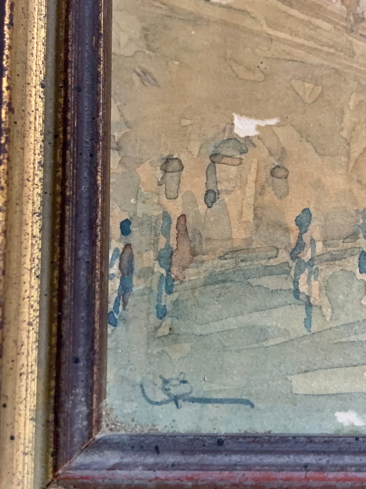 Quadro Antico Acquerello – Scorcio di Piazza con Mercato e Campanile – Firmato