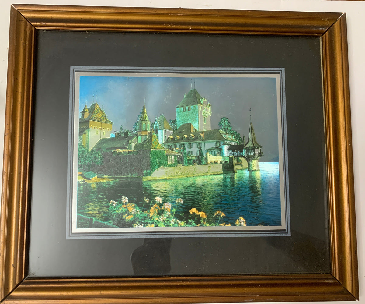 Quadro Vintage Castello di Oberhofen (Svizzera) su Lastra Argentata con Cornice Dorata