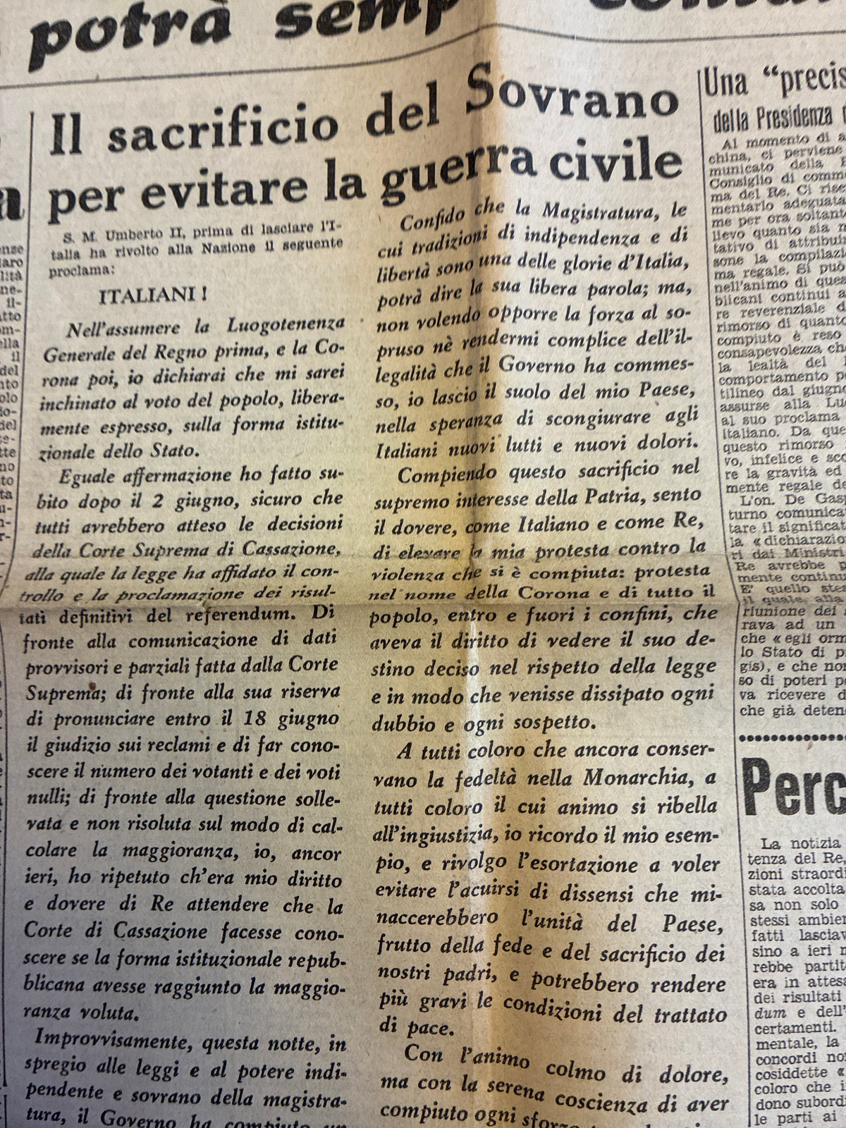 GIORNALE ORIGINALE 14 Giugno 1946 Italia Nuova - ULTIMO PROCLAMA RE UMBERTO II ESILIO Eccellente Stato