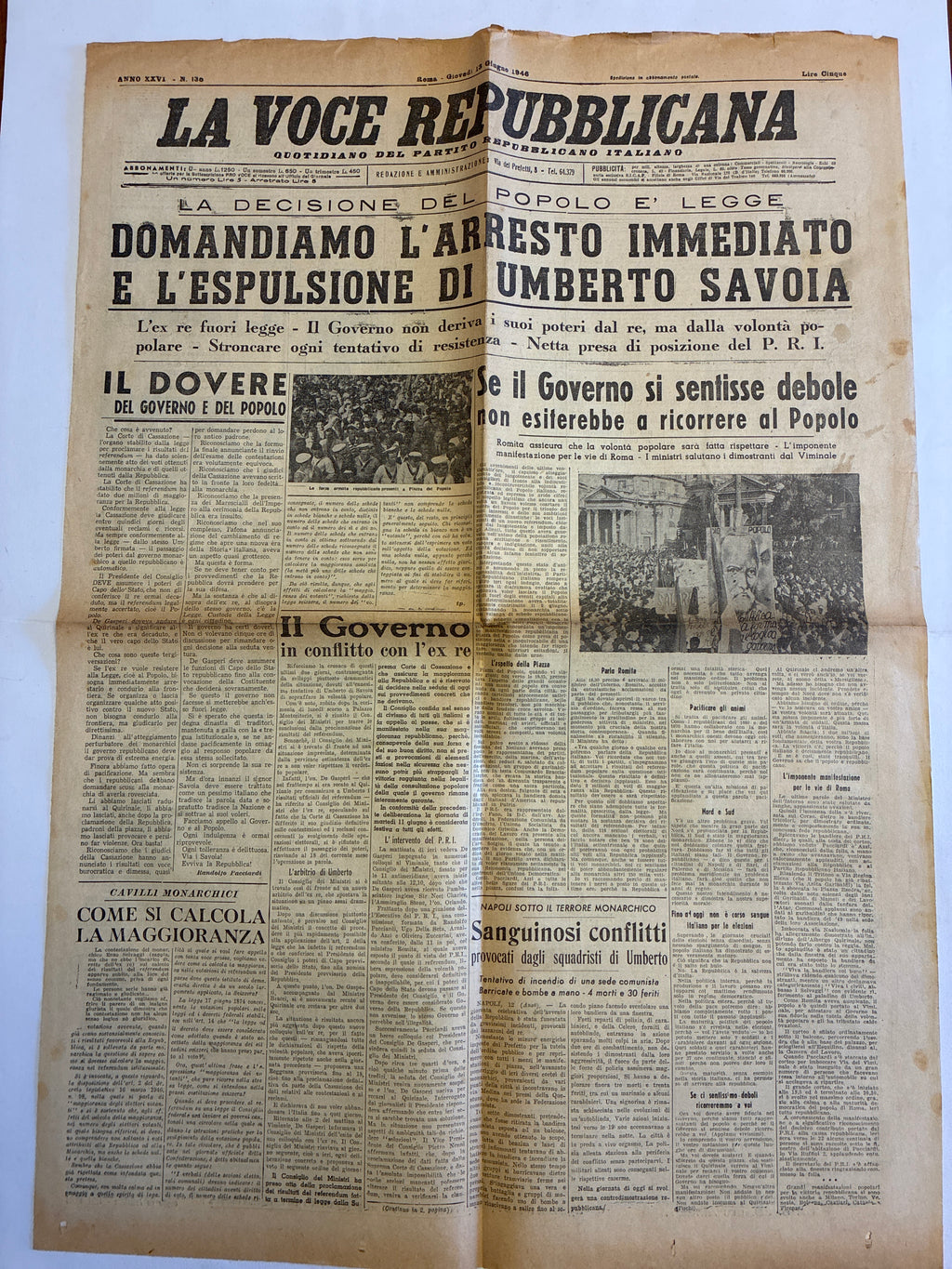 GIORNALE ORIGINALE 13 Giugno 1946 La Voce Repubblicana - ARRESTO E ESPULSIONE UMBERTO SAVOIA Conservazione Eccellente