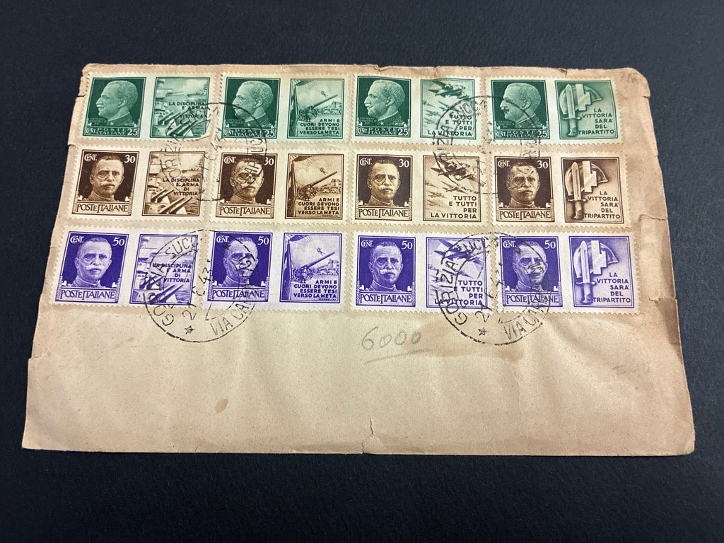 Busta filatelica del 1943 da Gorizia affrancata con serie Imperiale e propaganda bellica Fratellanza d'Armi italo-tedesca.