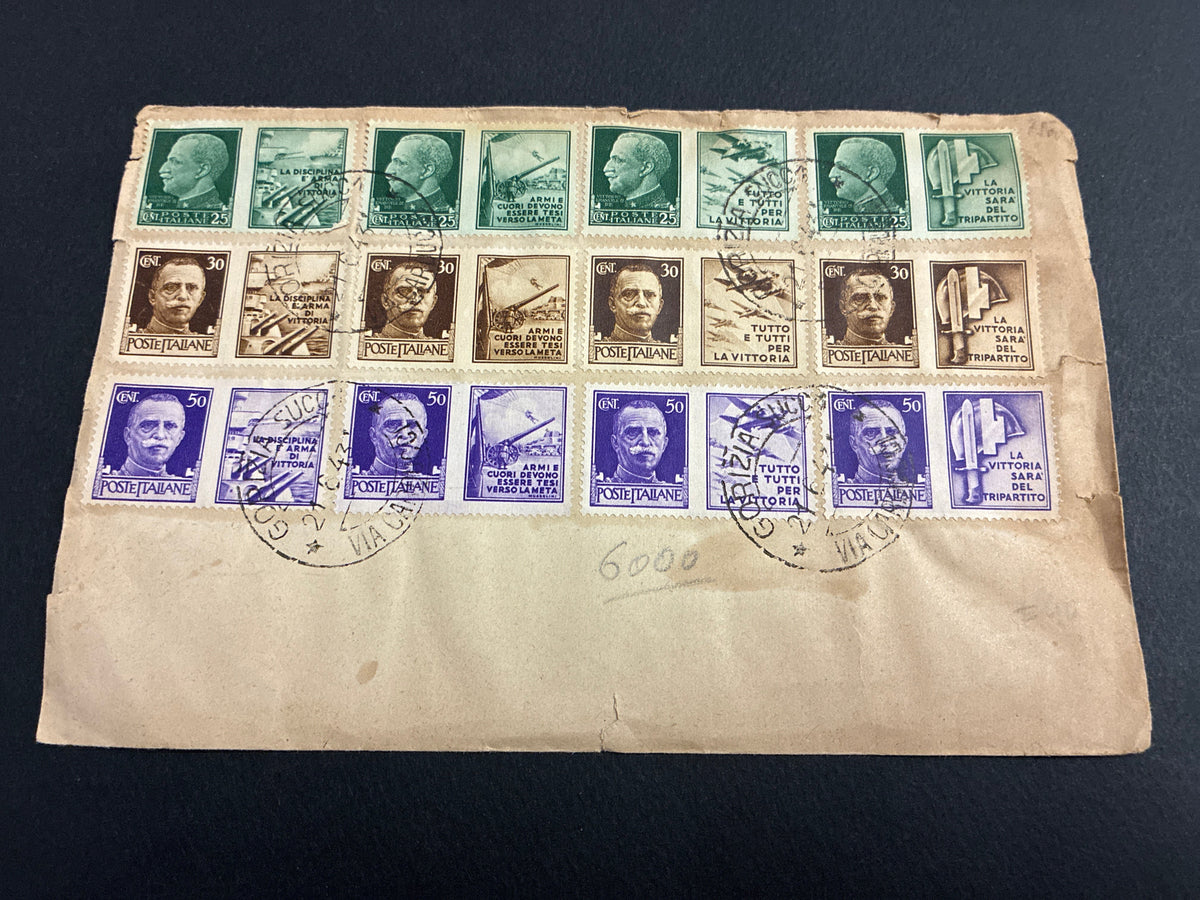 Busta filatelica del 1943 da Gorizia affrancata con serie Imperiale e propaganda bellica Fratellanza d'Armi italo-tedesca.
