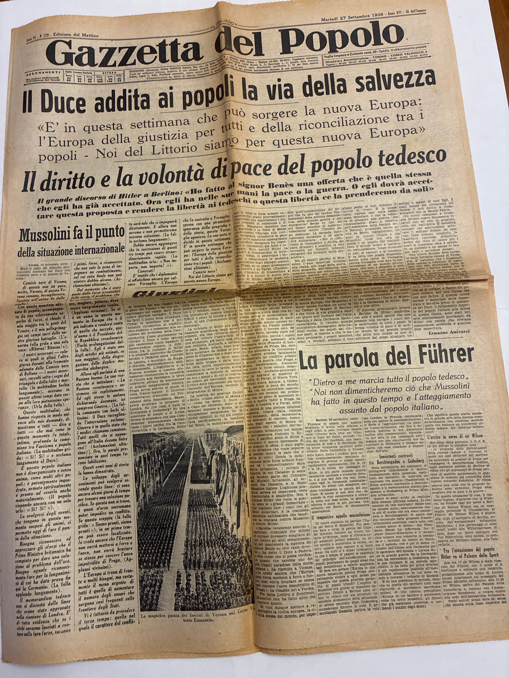 Quotidiano Storico Gazzetta del Popolo 27 Settembre 1938 Fascismo Mussolini Crisi Monaco