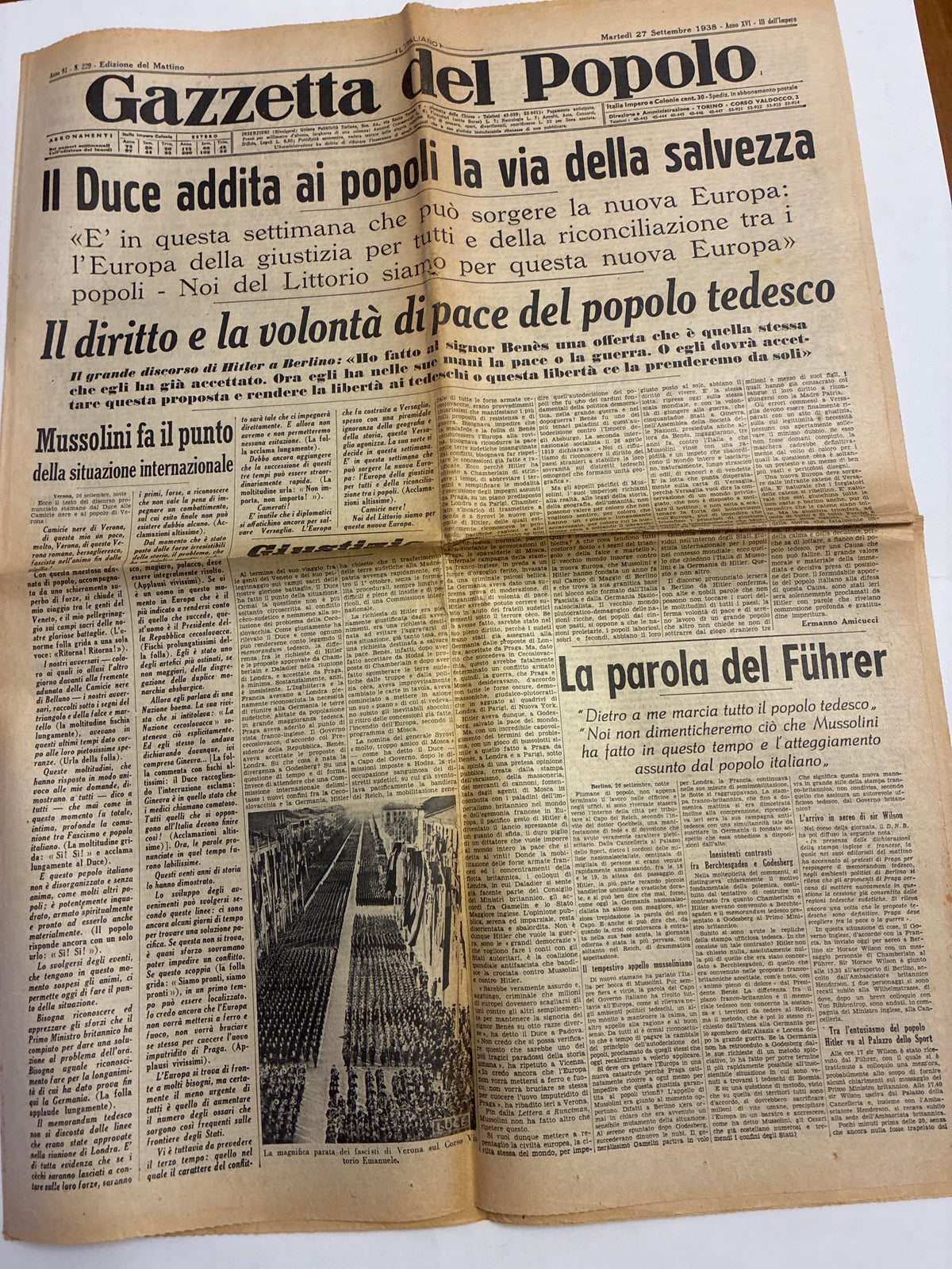 Quotidiano Storico Gazzetta del Popolo 27 Settembre 1938 Fascismo Mussolini Crisi Monaco