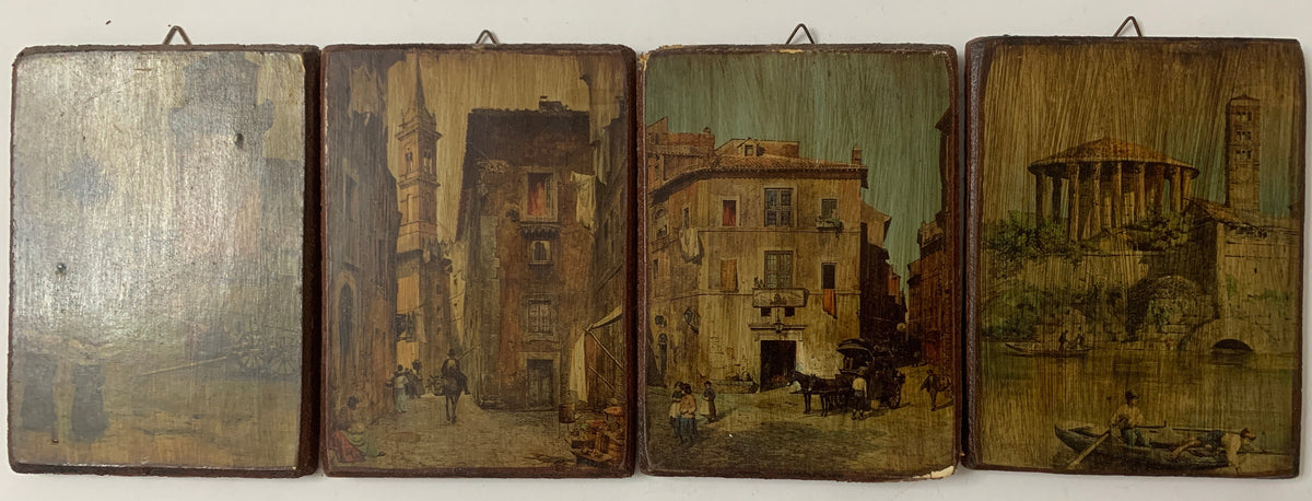 Lotto 4 quadretti vintage su legno – Scorci e vedute storiche (Roma / Italia)