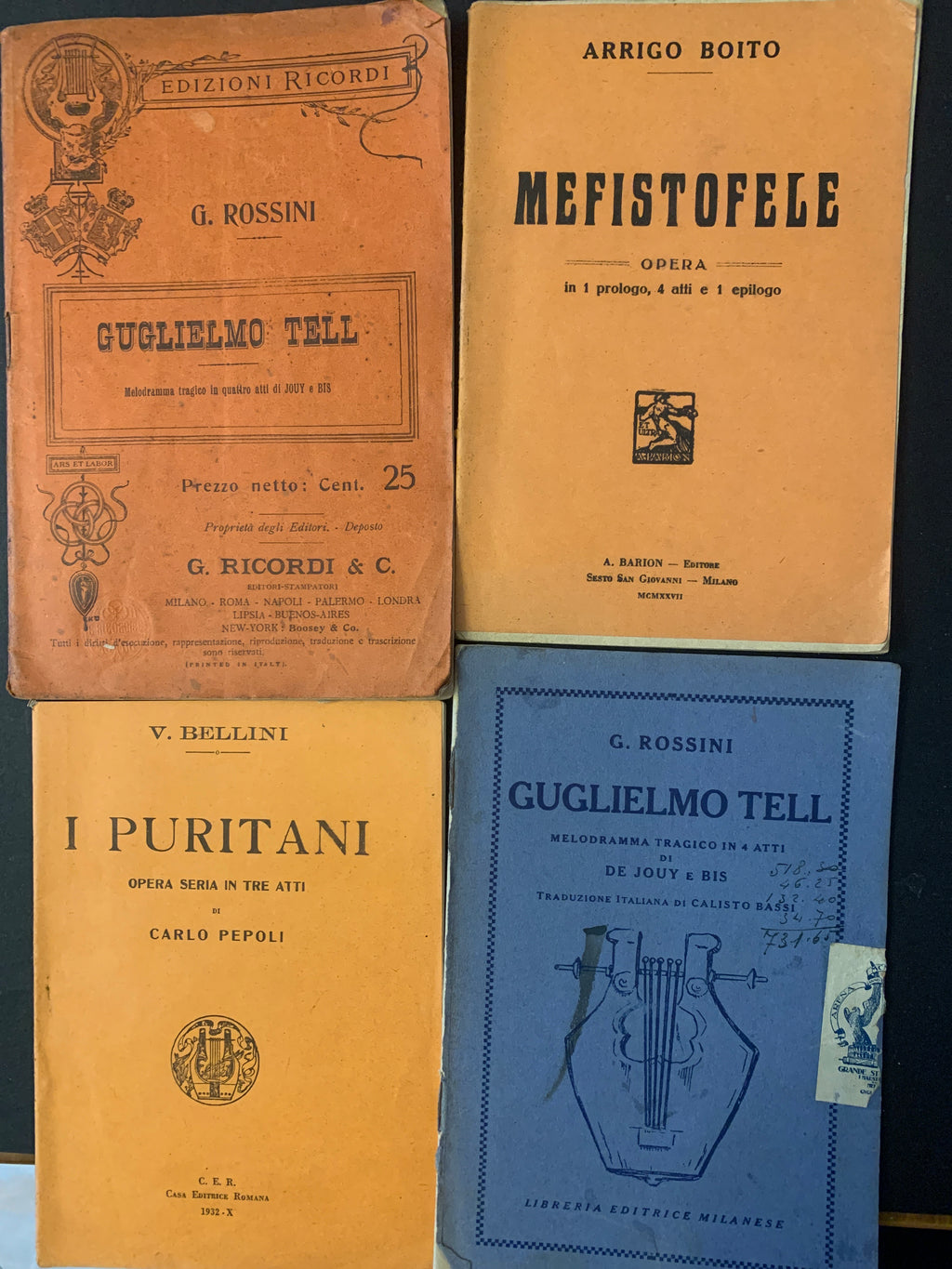 Lotto 4 Libretti d'Opera D'Epoca Rossini Boito Bellini Mefistofele Guglielmo Tell Puritani