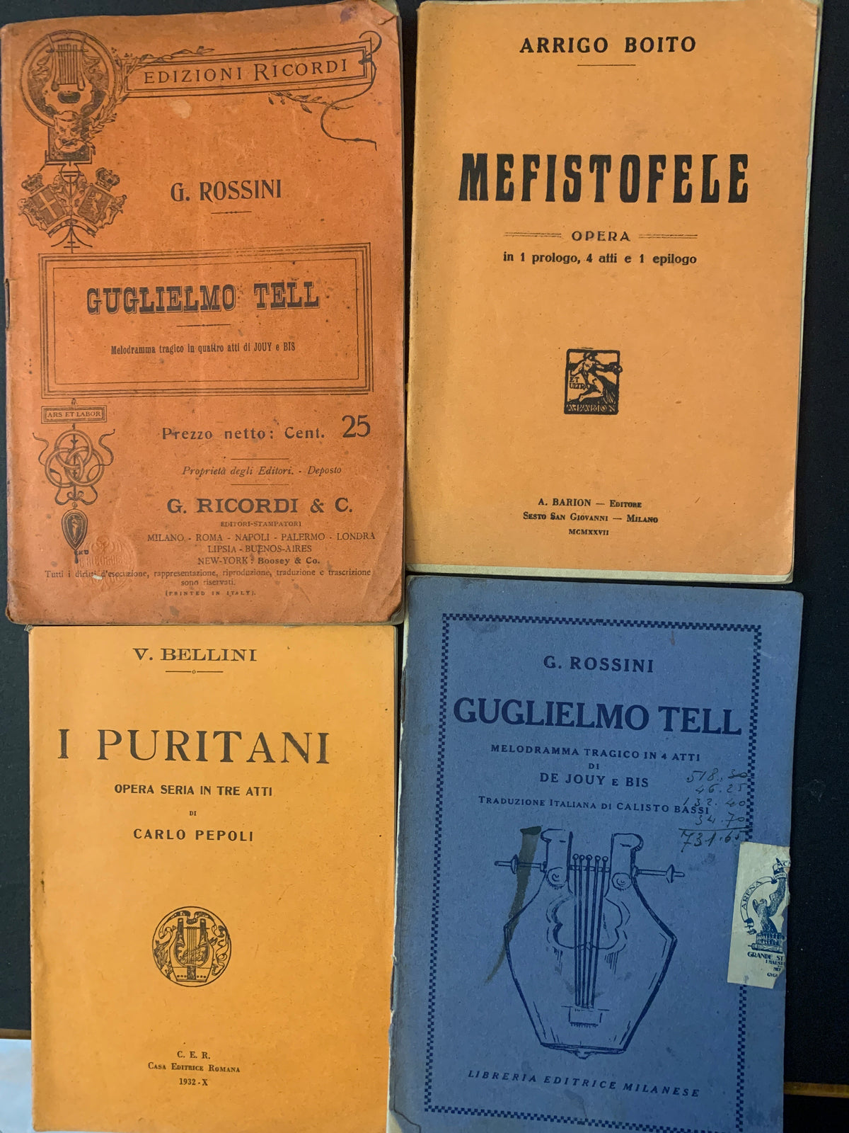 Lotto 4 Libretti d'Opera D'Epoca Rossini Boito Bellini Mefistofele Guglielmo Tell Puritani