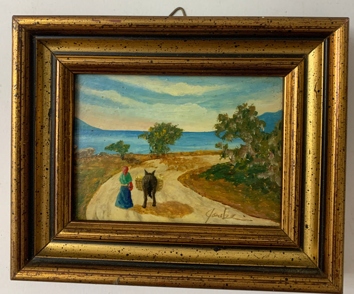 Dipinto Olio su Tavoletta - Paesaggio Costiero Mediterraneo con Donna e Asinello - Con Cornice Dorata