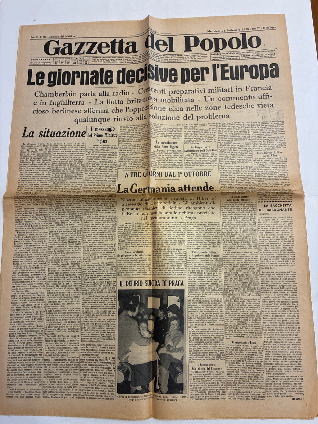 Quotidiano Storico Gazzetta del Popolo 28 Settembre 1938 Crisi di Monaco Fascismo Hitler
