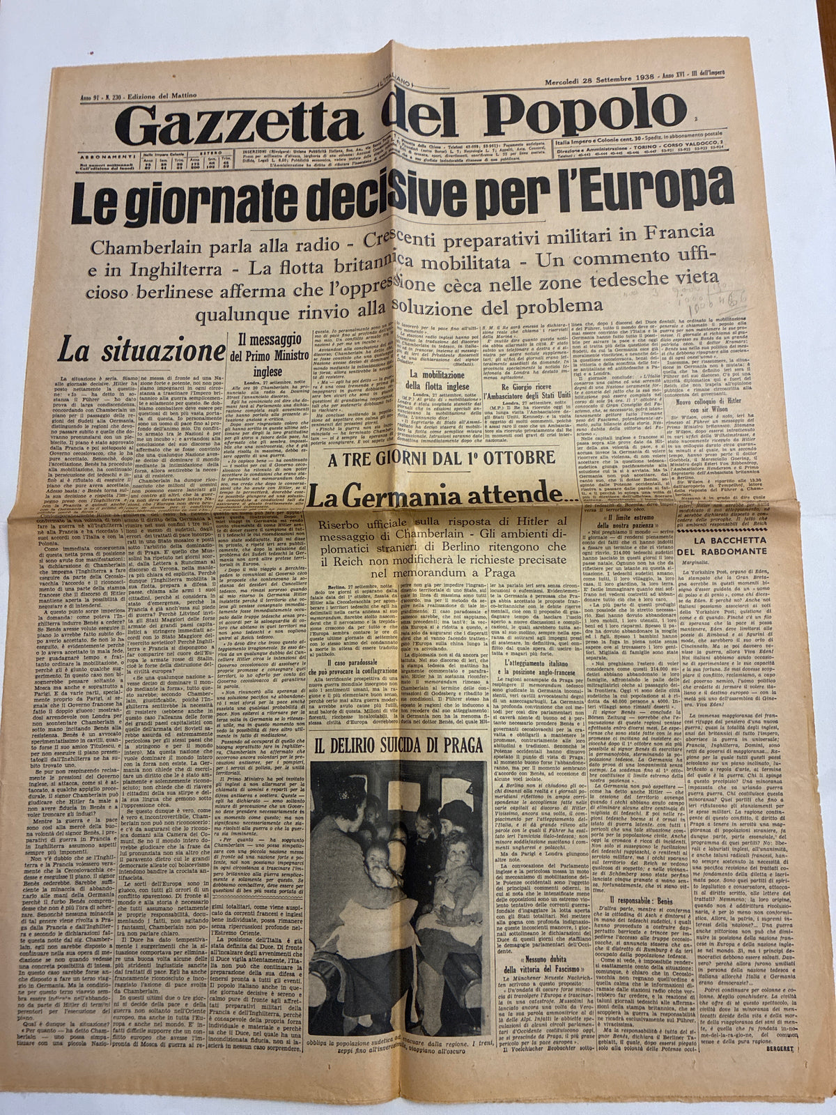 Quotidiano Storico Gazzetta del Popolo 28 Settembre 1938 Crisi di Monaco Fascismo Hitler