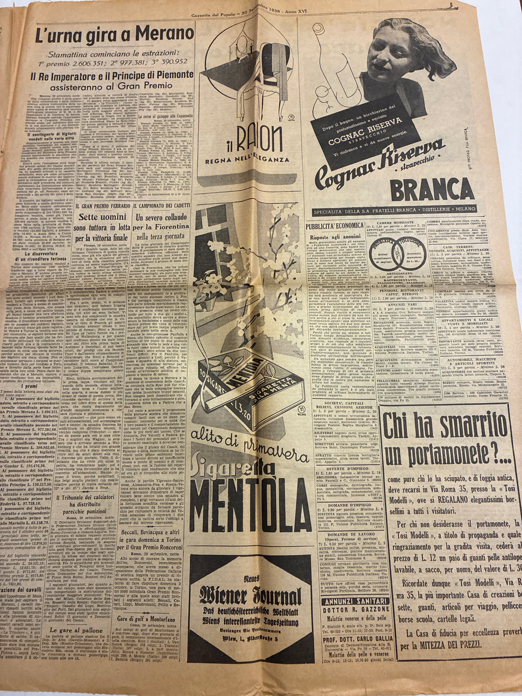 Quotidiano Storico Gazzetta del Popolo 30 Settembre 1938 Accordo Monaco Fascismo Mussolini