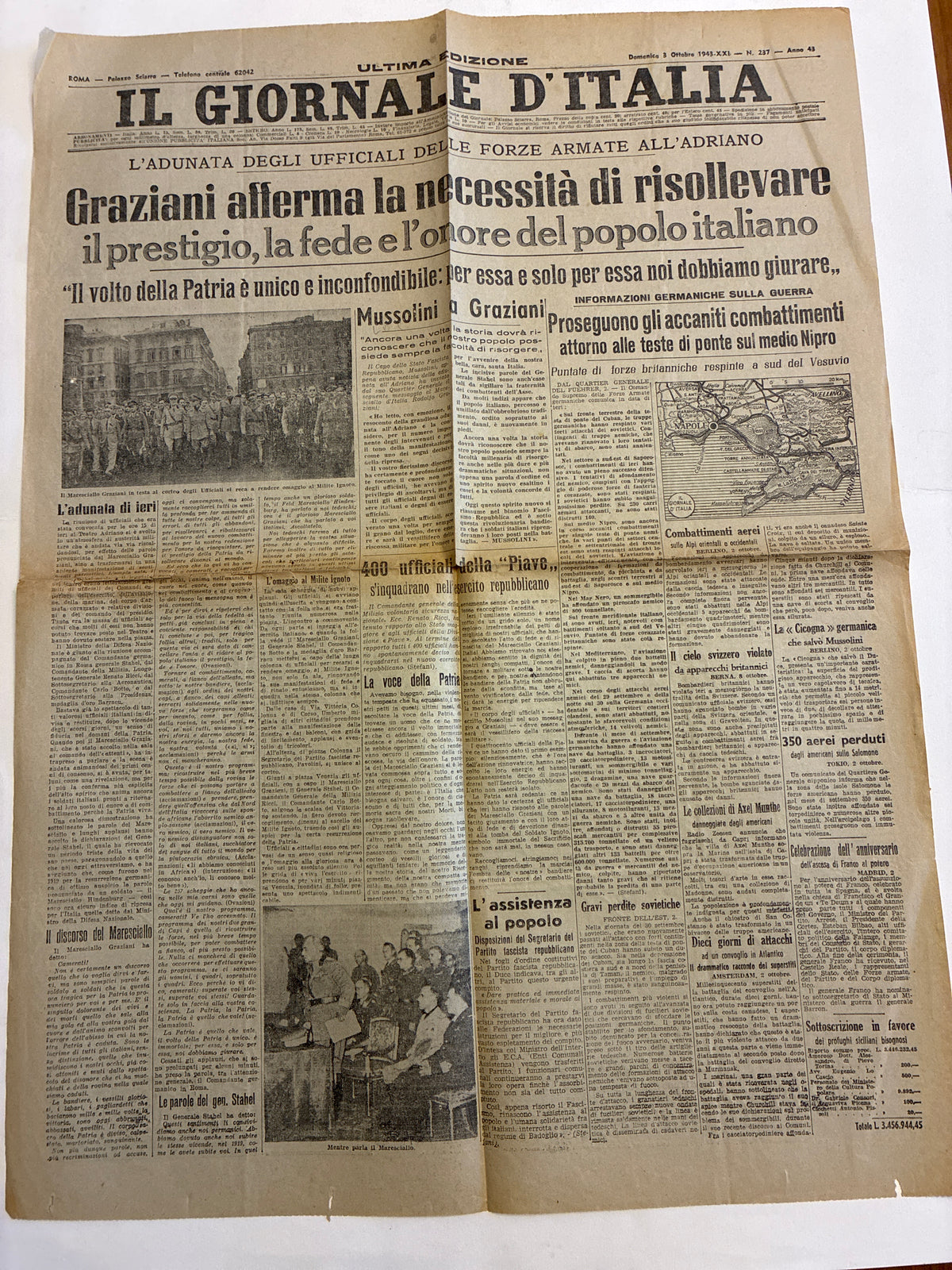 Raro Quotidiano Originale Il Giornale d'Italia 3 Ottobre 1943 - Discorso di Graziani al Teatro Adriano - RSI