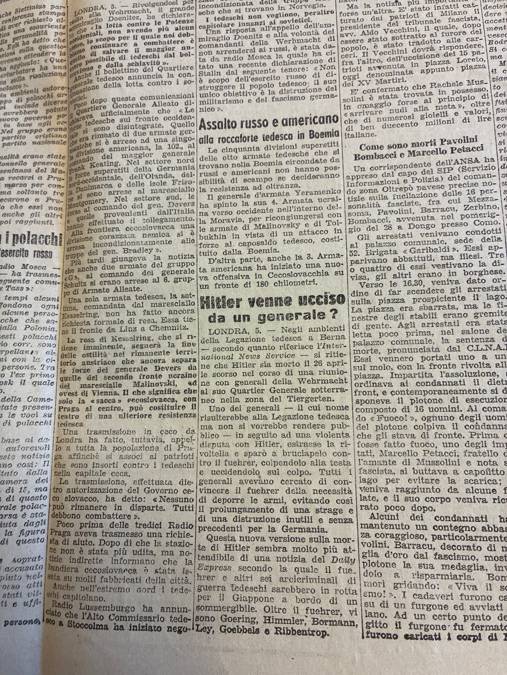 Rarissimo Quotidiano Il Momento Originale 6 Maggio 1945 {Arrivo Del CLNAI A Roma E Giallo Morte Hitler}