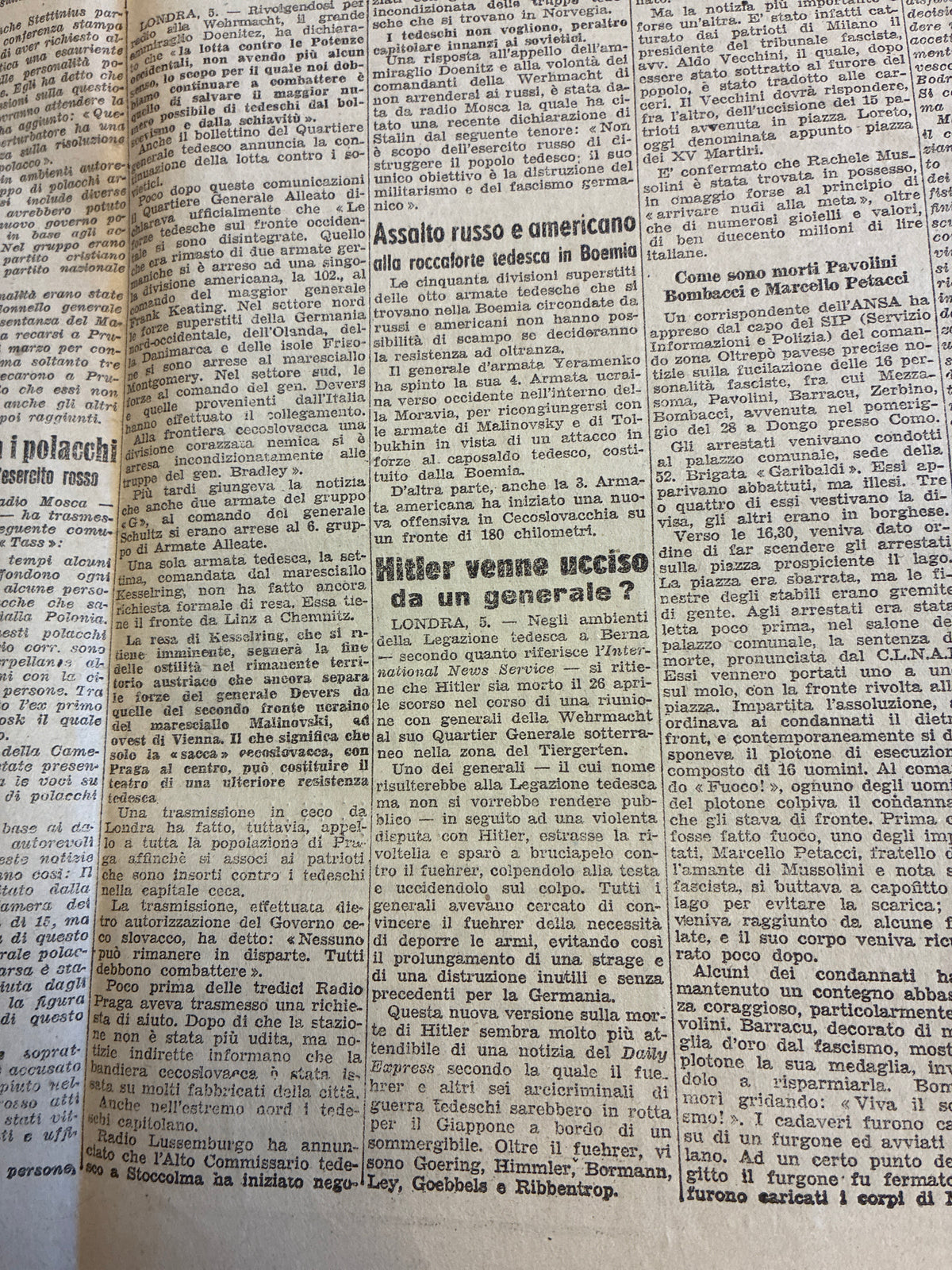 Rarissimo Quotidiano Il Momento Originale 6 Maggio 1945 {Arrivo Del CLNAI A Roma E Giallo Morte Hitler}