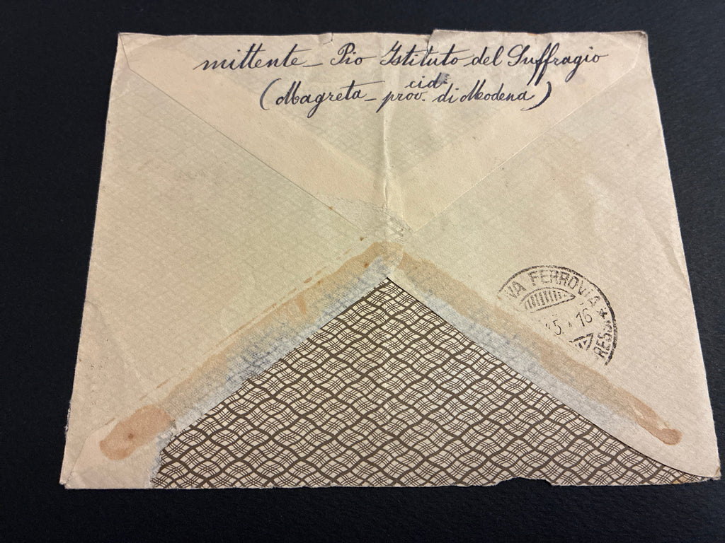 Repubblica Sociale Italiana: lettera per espresso da Modena a Genova del 5 marzo 1945 affrancata con blocco di quattro da 25 Centesimi della serie Monumenti Distrutti e coppia da 1,25 Lire della serie Imperiale con sovrastampa del fascetto in rosso in esa