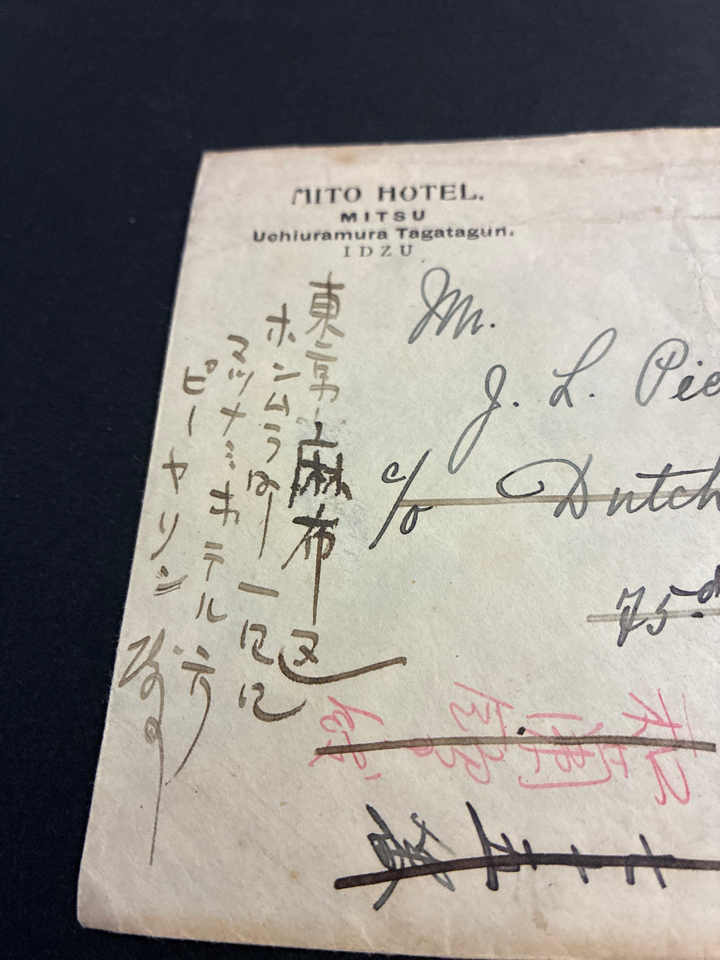 Busta 1921 Mito Hotel Izu Reindirizzata a Tokyo Matsunami Hotel per il Giapponologo Jan Lodewijk Pierson via Consolato Olanda Yokohamai