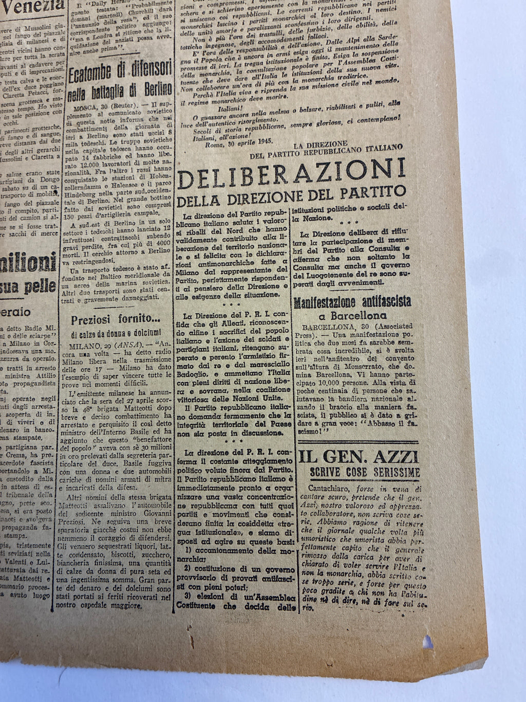 GIORNALE ORIGINALE 1 Maggio 1945 La Voce Repubblicana - FINE MUSSOLINI E LIBERAZIONE MILANO Rarità