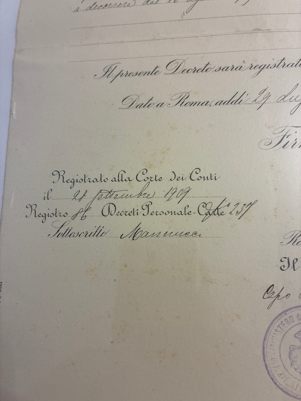 Raro Decreto Ministeriale 1909 Stipendio Regia Marina Umberto Lugli - Ministro Mirabello Timbro Viola - Incorniciato Storia Sabauda