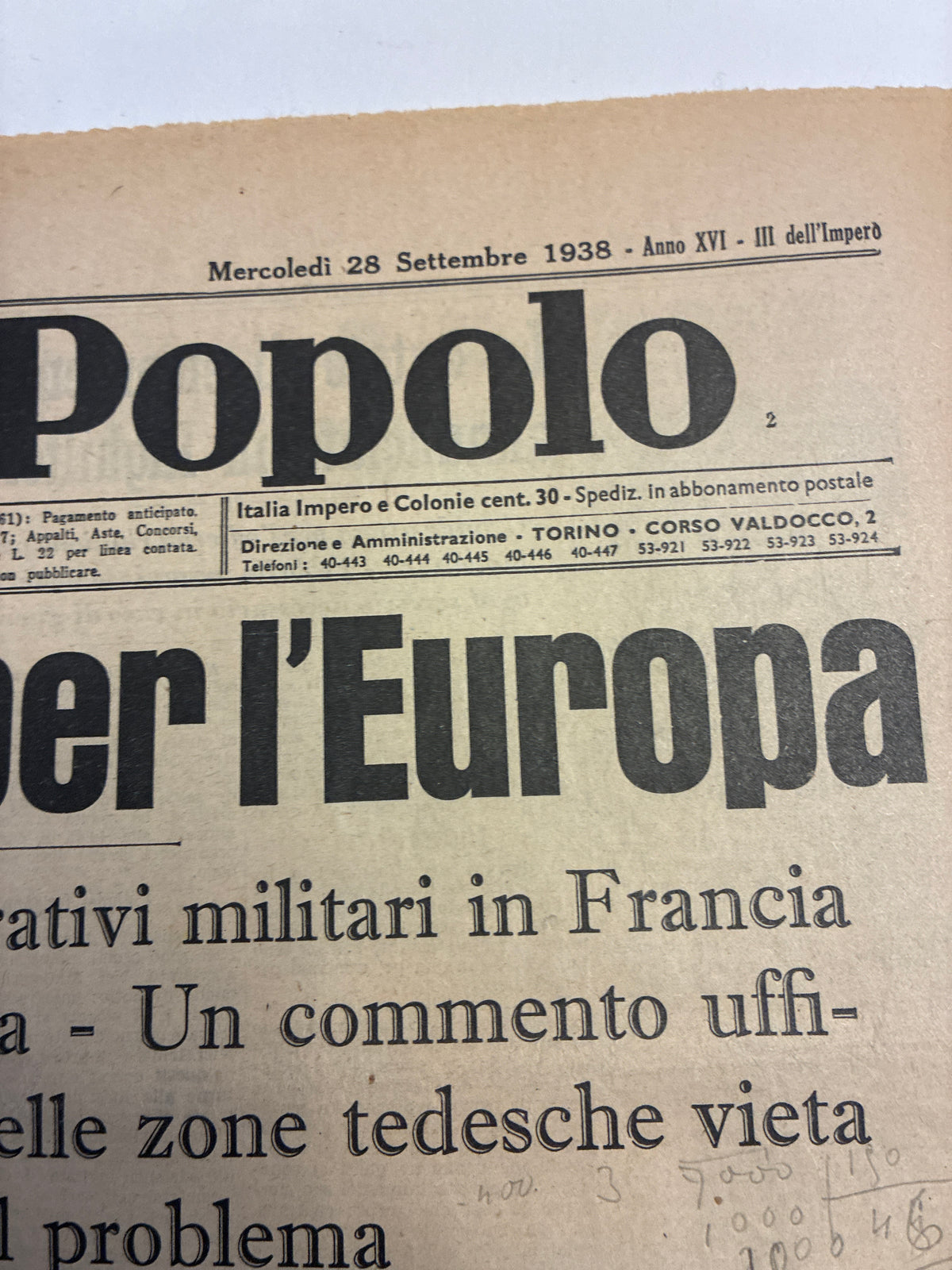 Quotidiano Storico Gazzetta del Popolo 28 Settembre 1938 Crisi di Monaco Fascismo Hitler