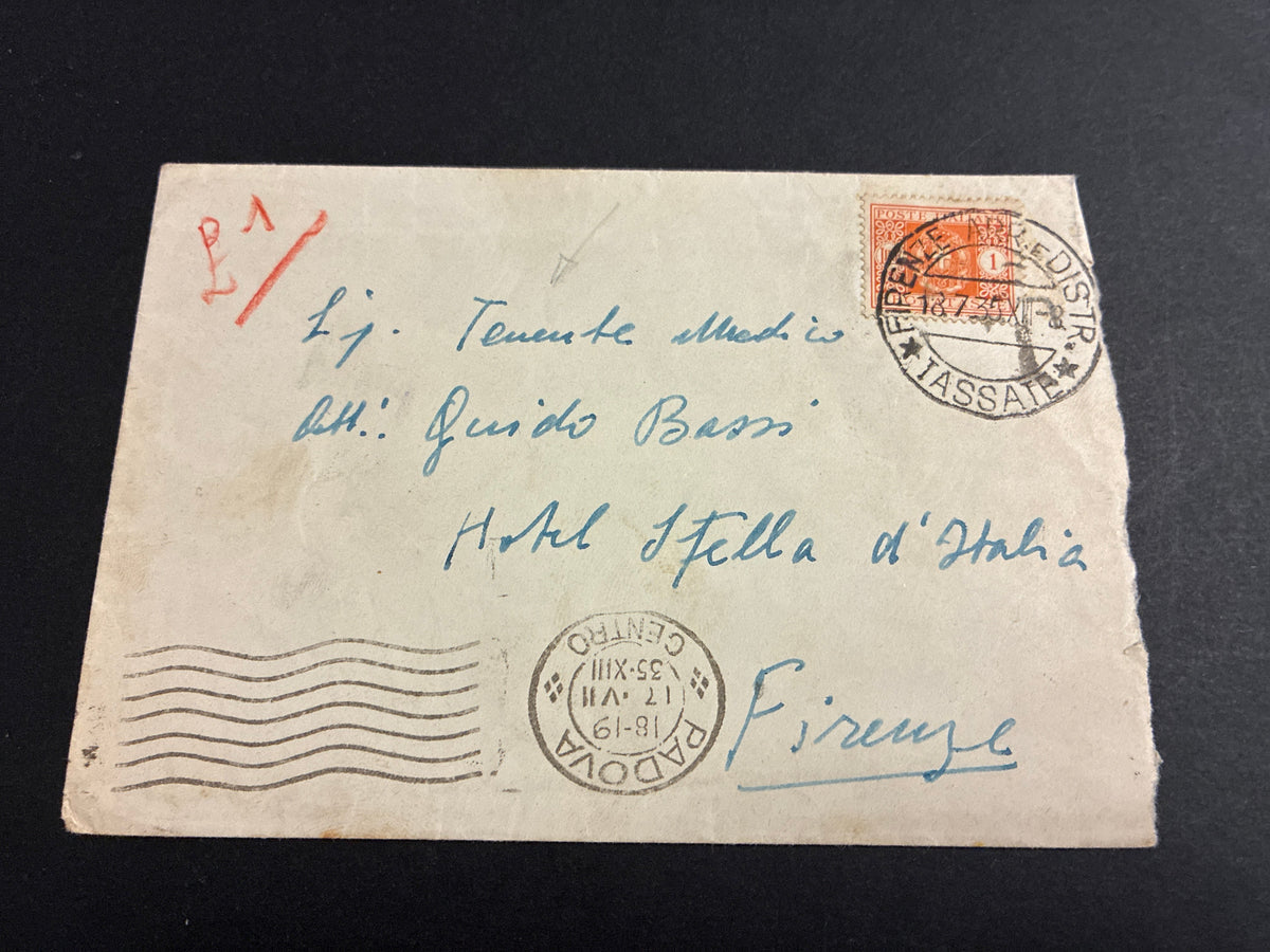 Busta Tassata 1935 da Padova a Firenze per Tenente Medico Guido Bassi Hotel Stella d'Italia Francobollo Tasse 1 Lira Epoca Fascista