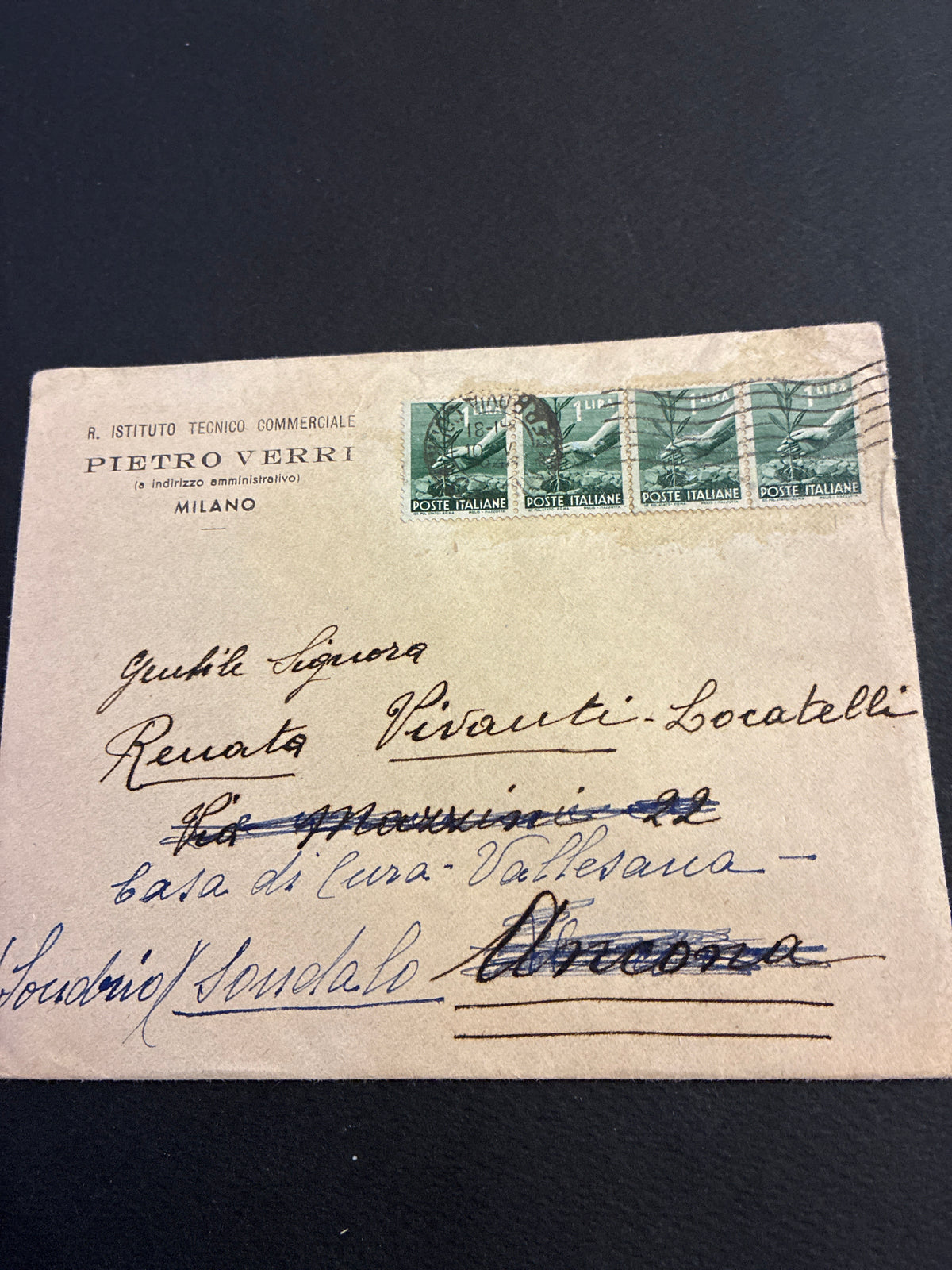 Busta Storia Postale Re Di Maggio Umberto II Reindirizzata Milano Ancona Sondalo Timbro Arrivo Ancona 12 Maggio 1946 Striscia Quattro Francobolli 1 Lira Democratica Tariffe 4 Lire Da Collezione