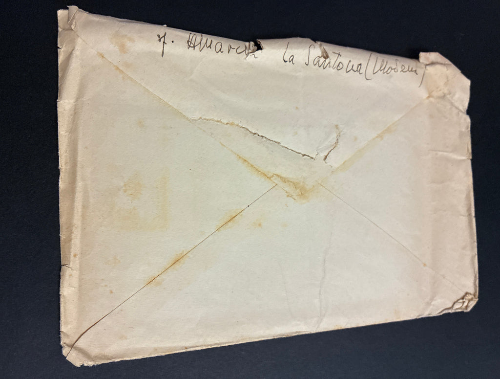 Lettera da La Santona (Modena) a Genova affrancata con blocco di quattro del 2 Lire su 25c "Monumenti Distrutti" sovrastampato dalle Poste Italiane nel periodo della Luogotenenza