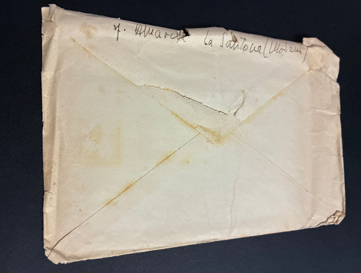 Lettera da La Santona (Modena) a Genova affrancata con blocco di quattro del 2 Lire su 25c "Monumenti Distrutti" sovrastampato dalle Poste Italiane nel periodo della Luogotenenza