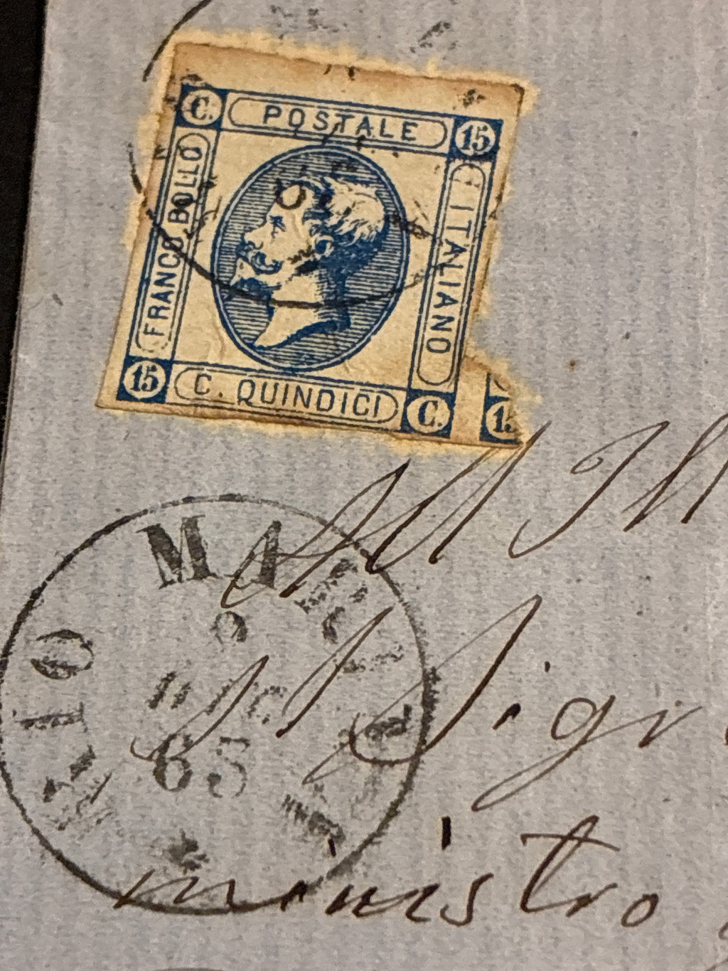 Lettera 1865 con 15 Centesimi Azzurro Primo Tipo "Matraire" in uso tardivo dall'Archivio e Collezione dell'Ing. Curzio Batinio