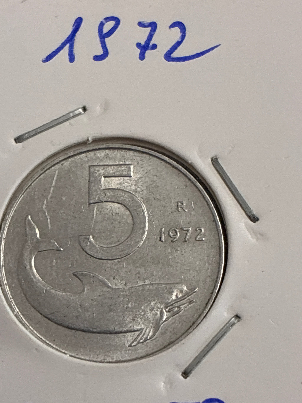 5 lire del 1972 Delfino con errore di conio asse ruotato a 340° gradi