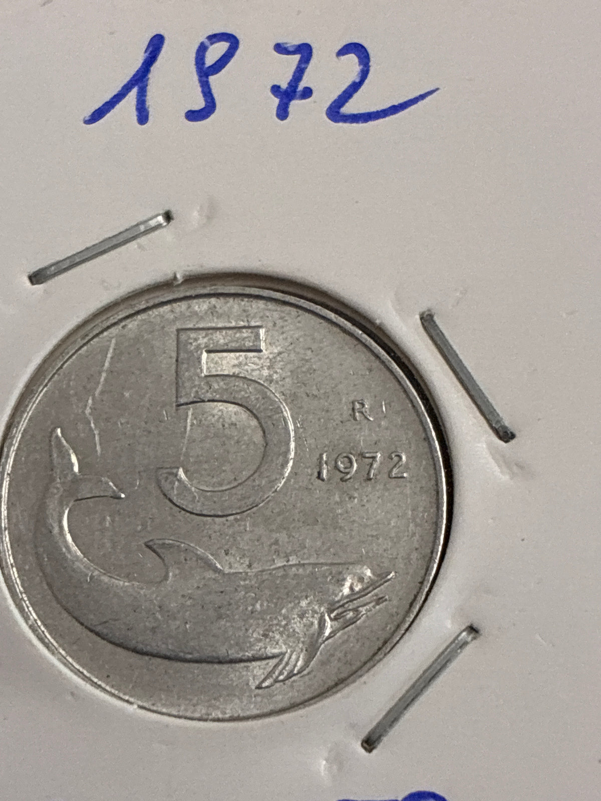 5 lire del 1972 Delfino con errore di conio asse ruotato a 340° gradi