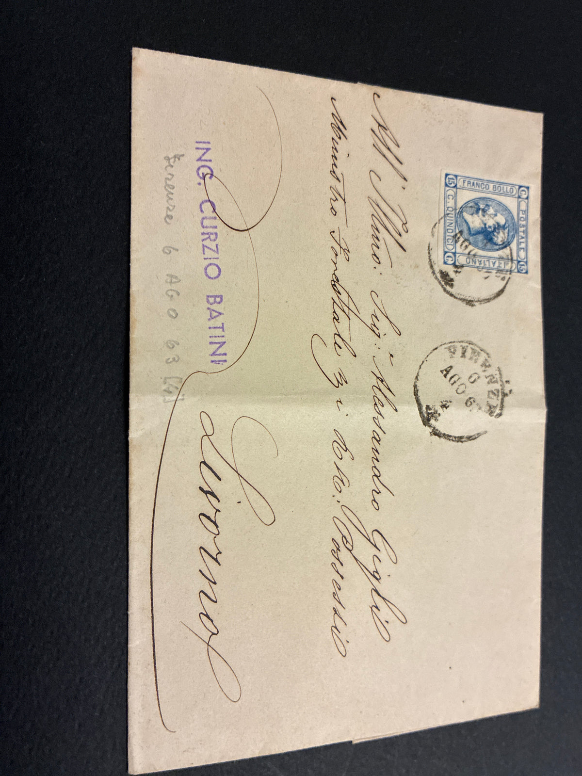 1863 - Lettera da Firenze a Livorno con timbro collezione Curzio Batini