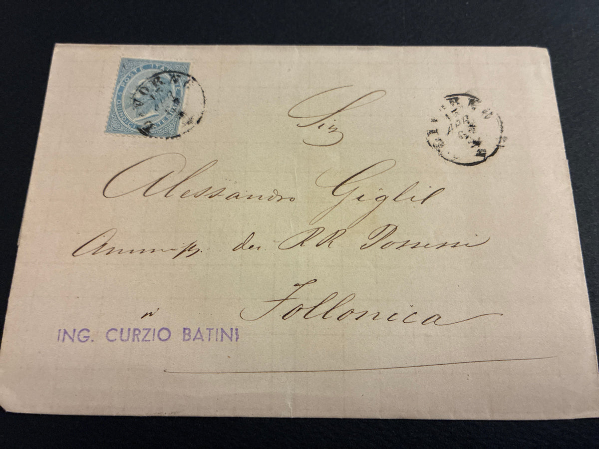 Storia postale del Regno d'Italia busta da Livorno a Follonica del 1867 appartenuta alla collezione Batini