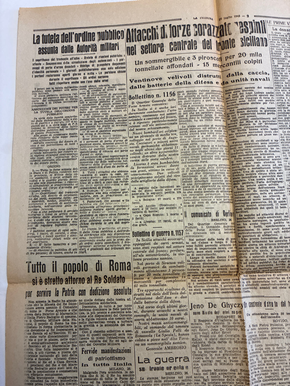 Storico Quotidiano Originale La Tribuna 27 Luglio 1943 - Edizione Completa Roma - Caduta di Mussolini