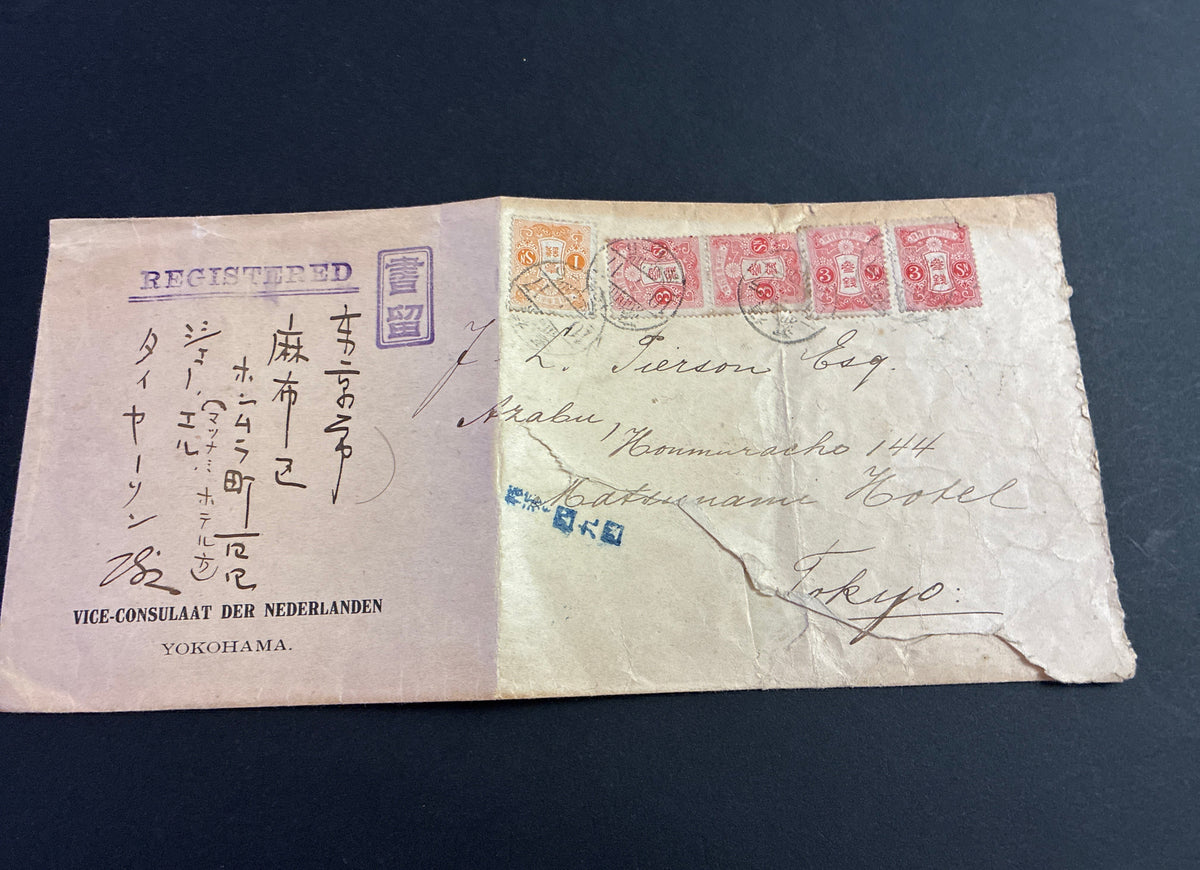 Busta Raccomandata 1900 Consolato Olanda Yokohama a Tokyo per il Giapponologo Jan Lodewijk Pierson Affrancatura Crisantemo Matsunami Hotel