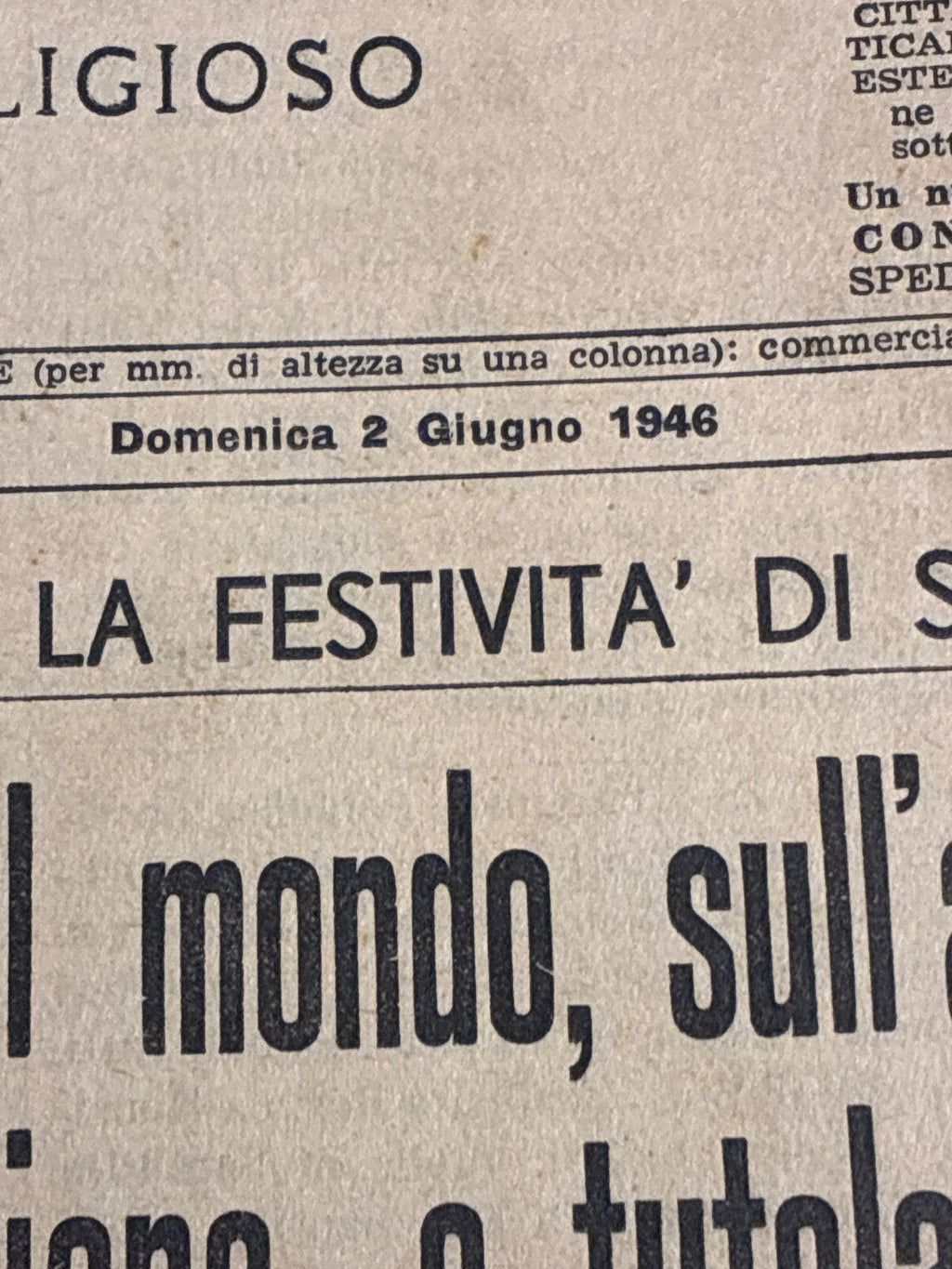 GIORNALE ORIGINALE 2 Giugno 1946 LOsservatore Romano - REFERENDUM PAPA PIO XII